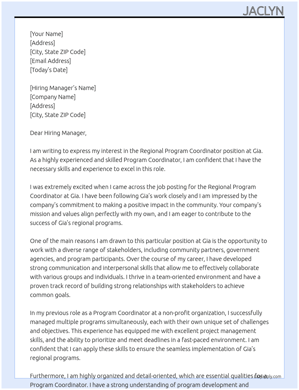 Regional program coodinator At  Gia Cover Letter
