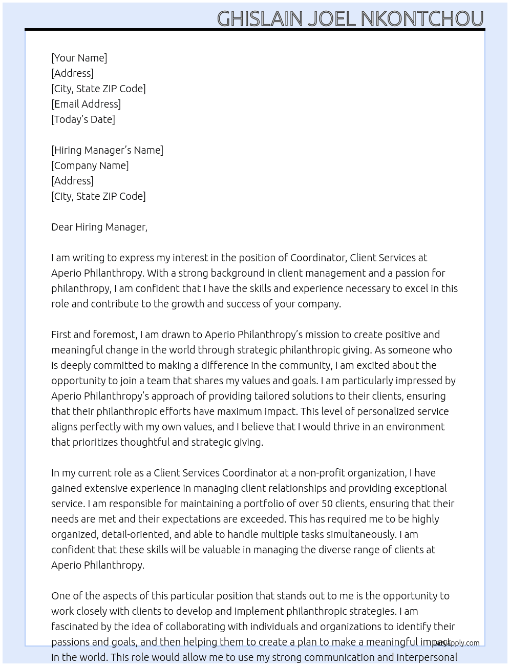 Coordinator, Client Services At Aperio Philanthropy Cover Letter