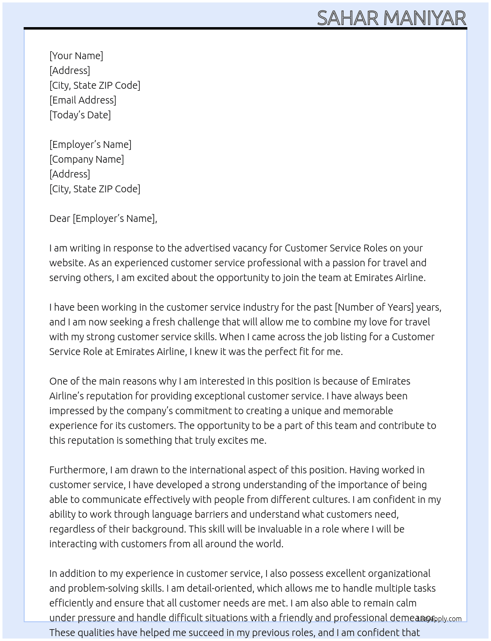 customer service role At emirates airline Cover Letter