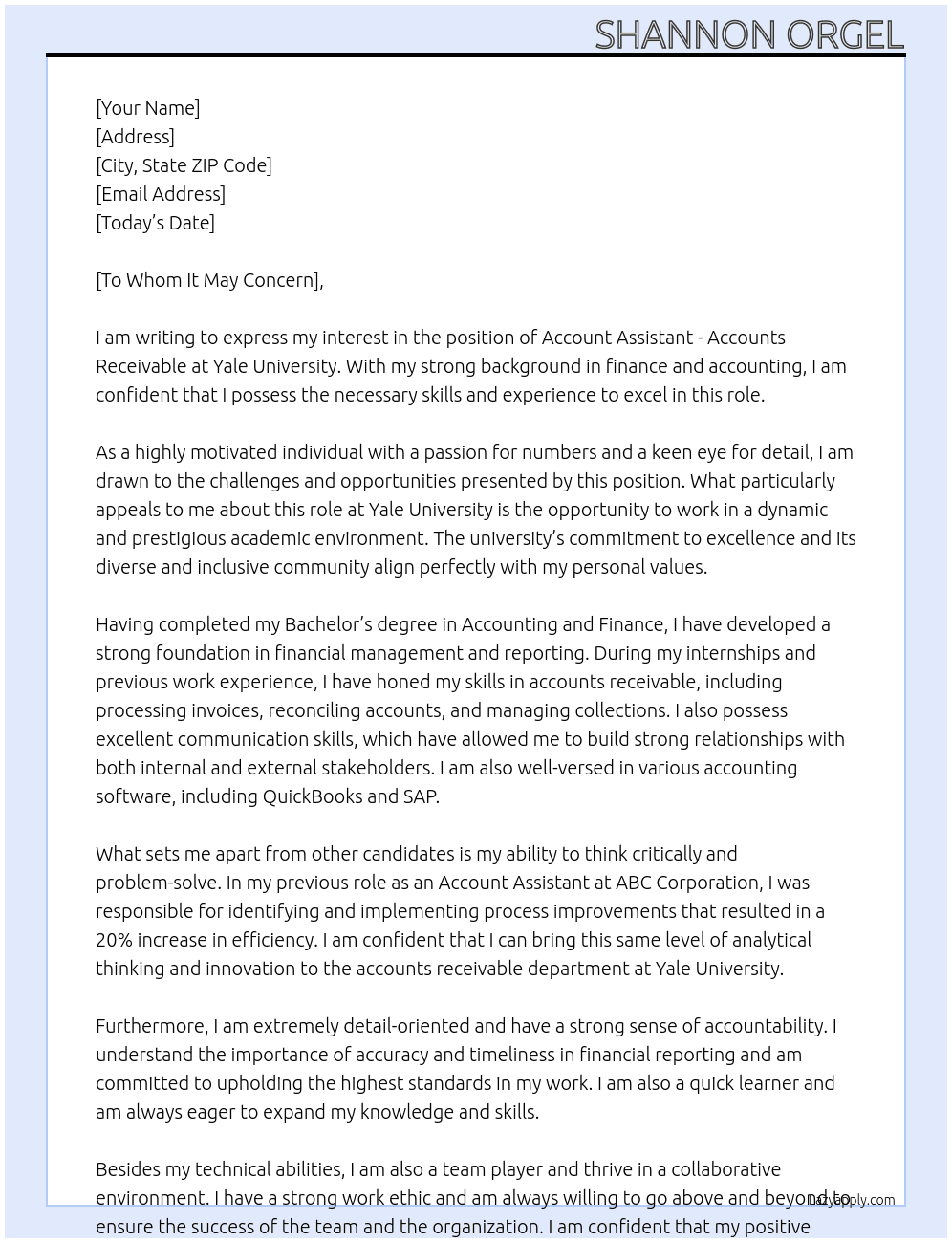 account assistant accounts receivable At Yale University Cover Letter
