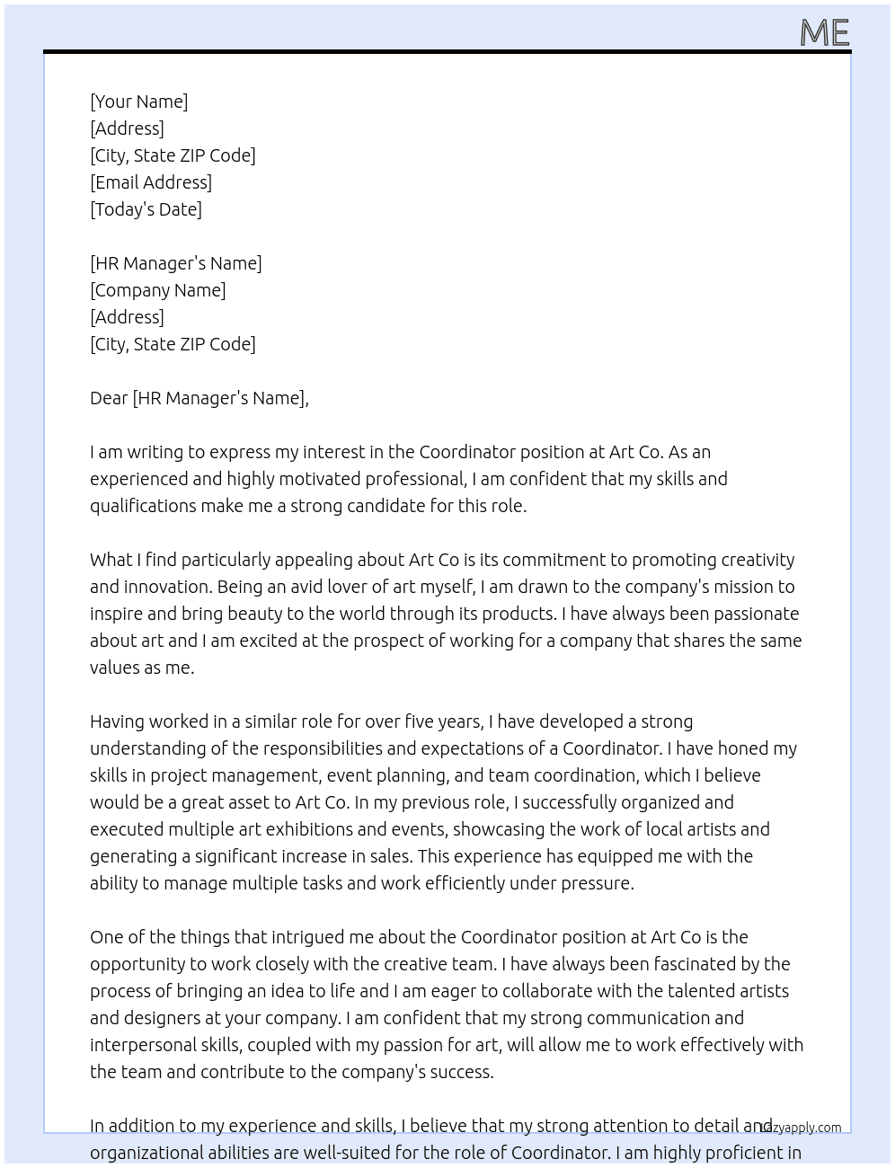 coordinator At art co  Cover Letter