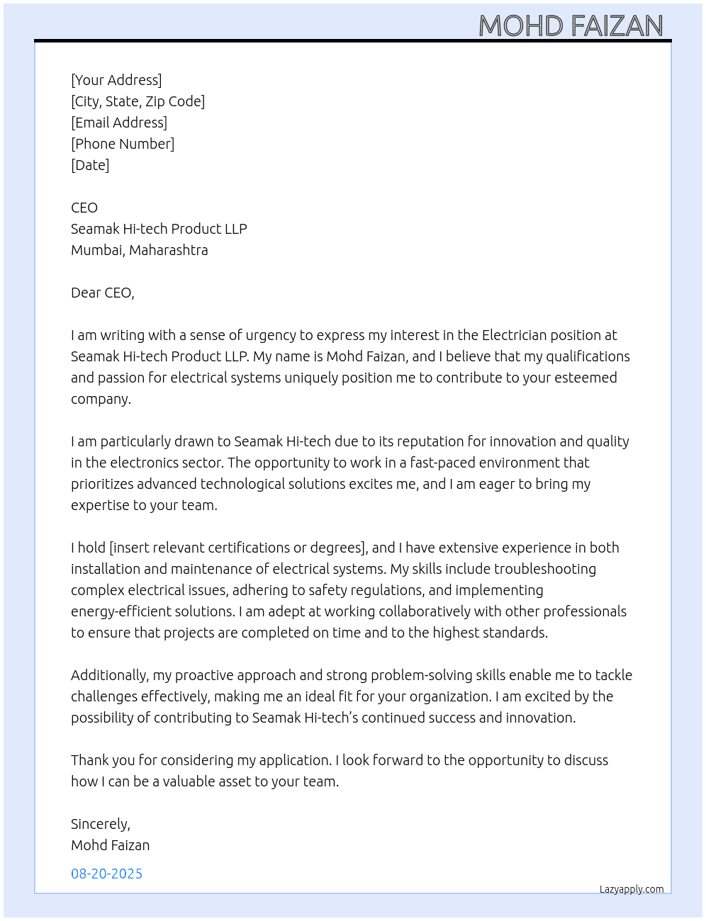 Electrician At Seamak Hi-tech product LLP- Mumbai Maharashtra Cover Letter
