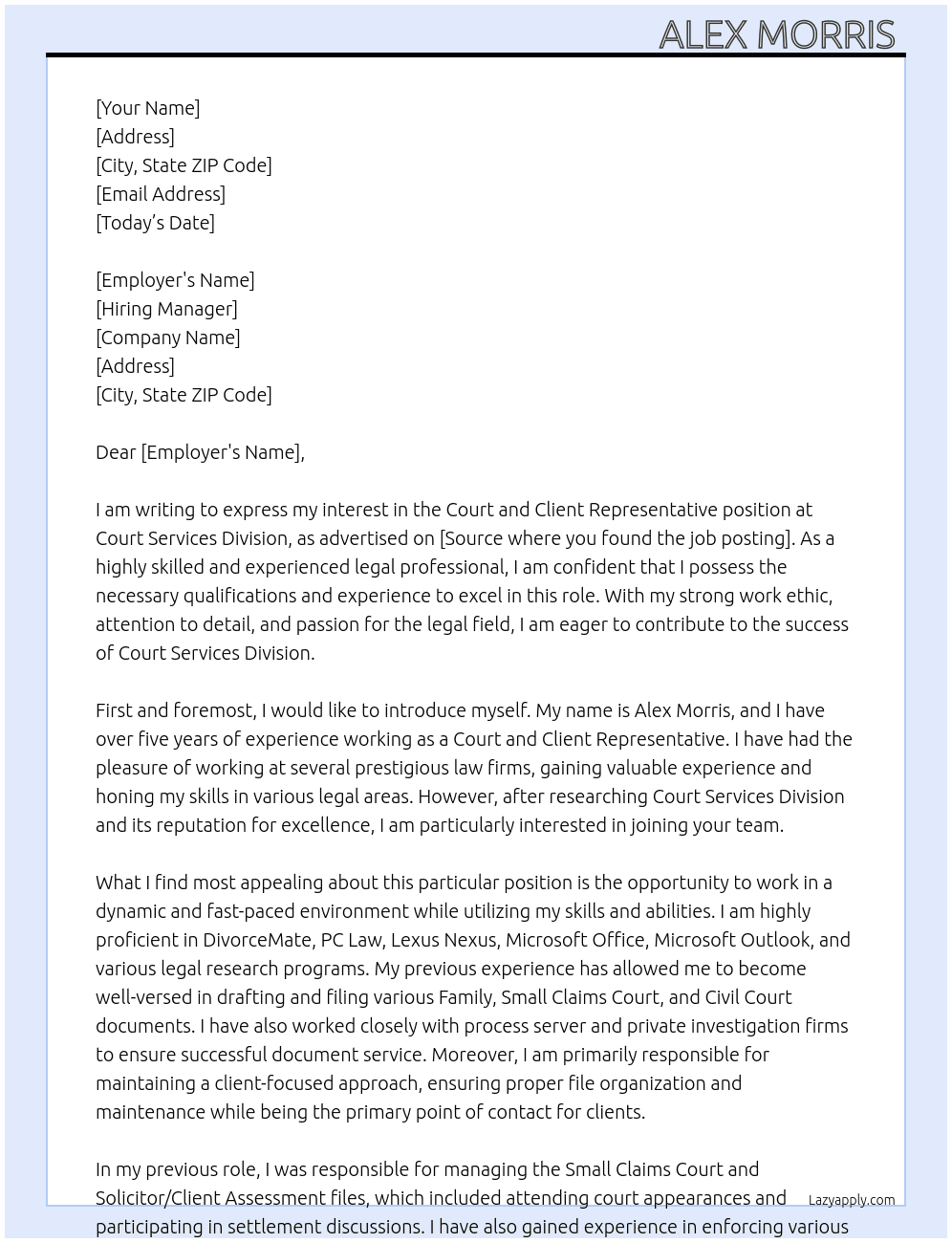 Court and Client Representative  At Court Services Division Cover Letter