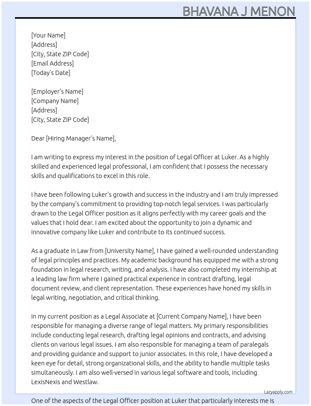 Legal officer At Luker Cover Letter