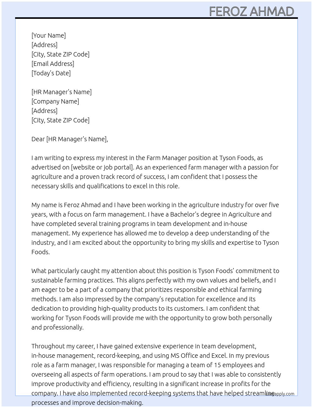 Farm Manager  At Tyson foods  Cover Letter