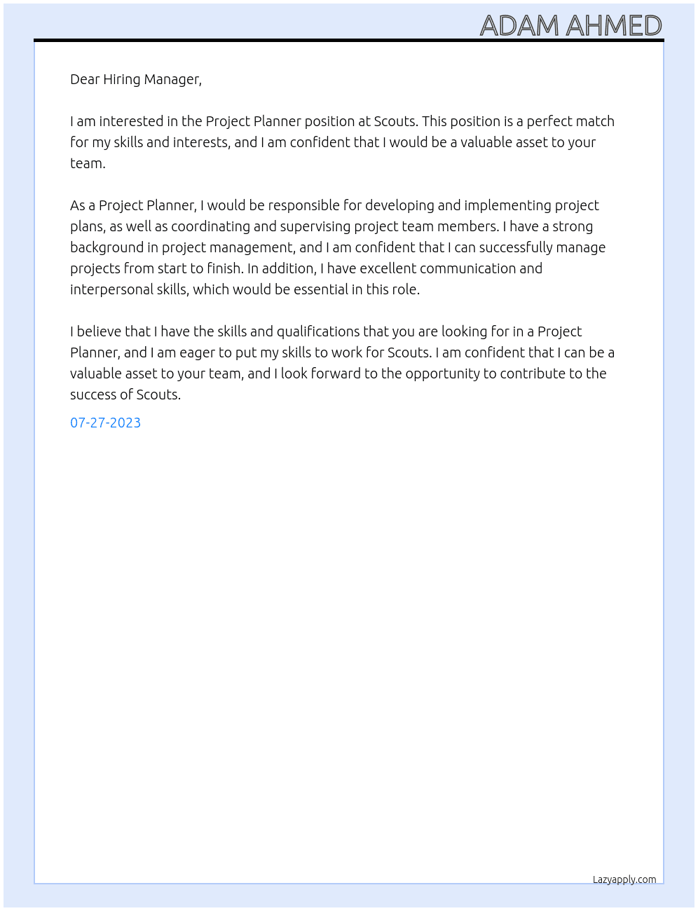 Project Planner At Scouts Cover Letter