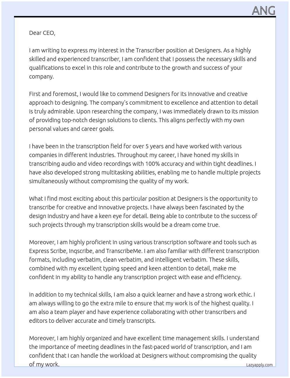 transcriber At Designers Cover Letter