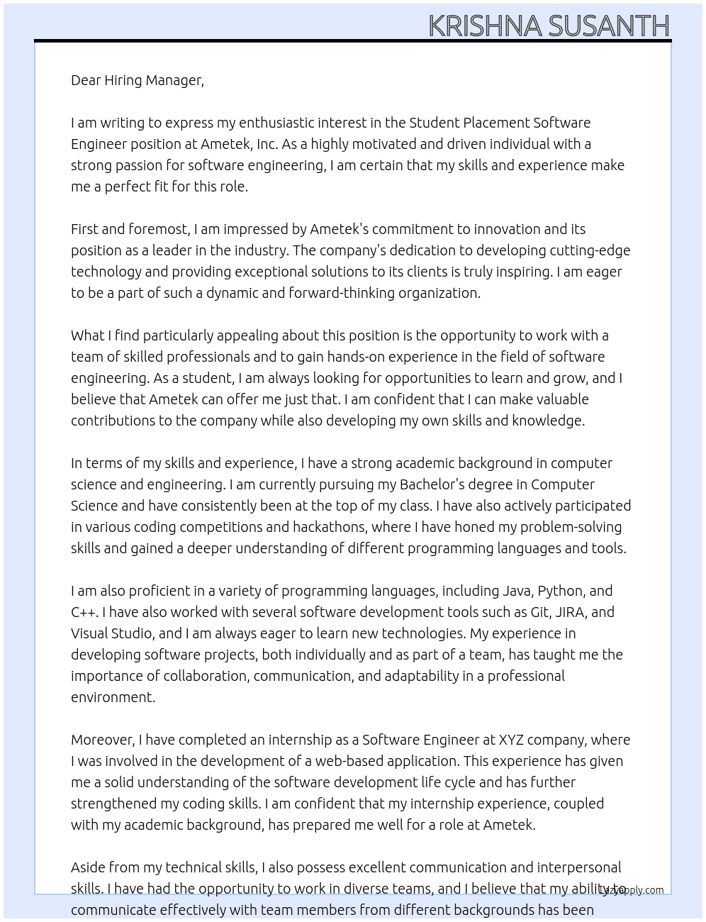 Student placement - software engineer At Ametek, Inc Cover Letter