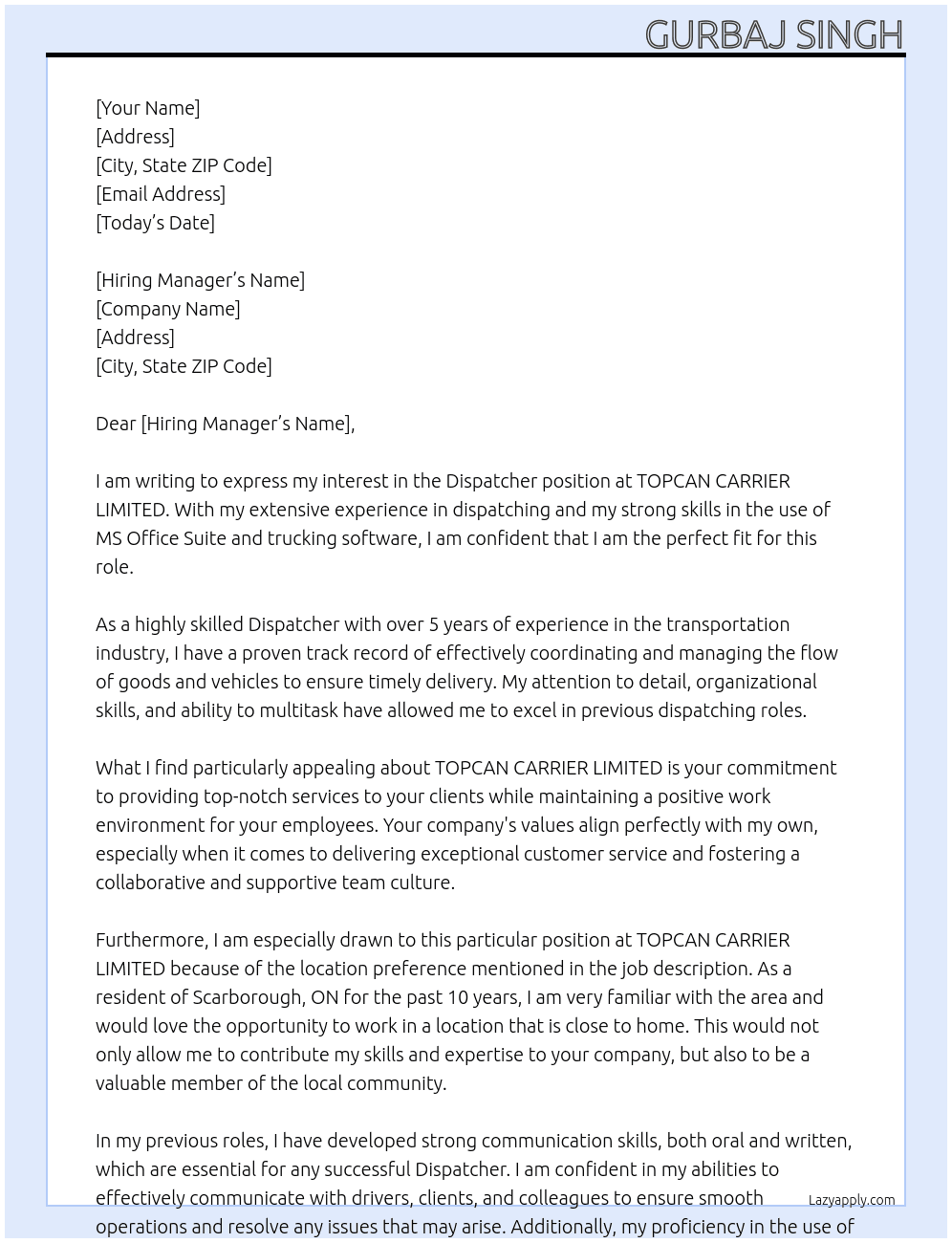 Dispatcher At TOPCAN CARRIER LIMITED  Cover Letter