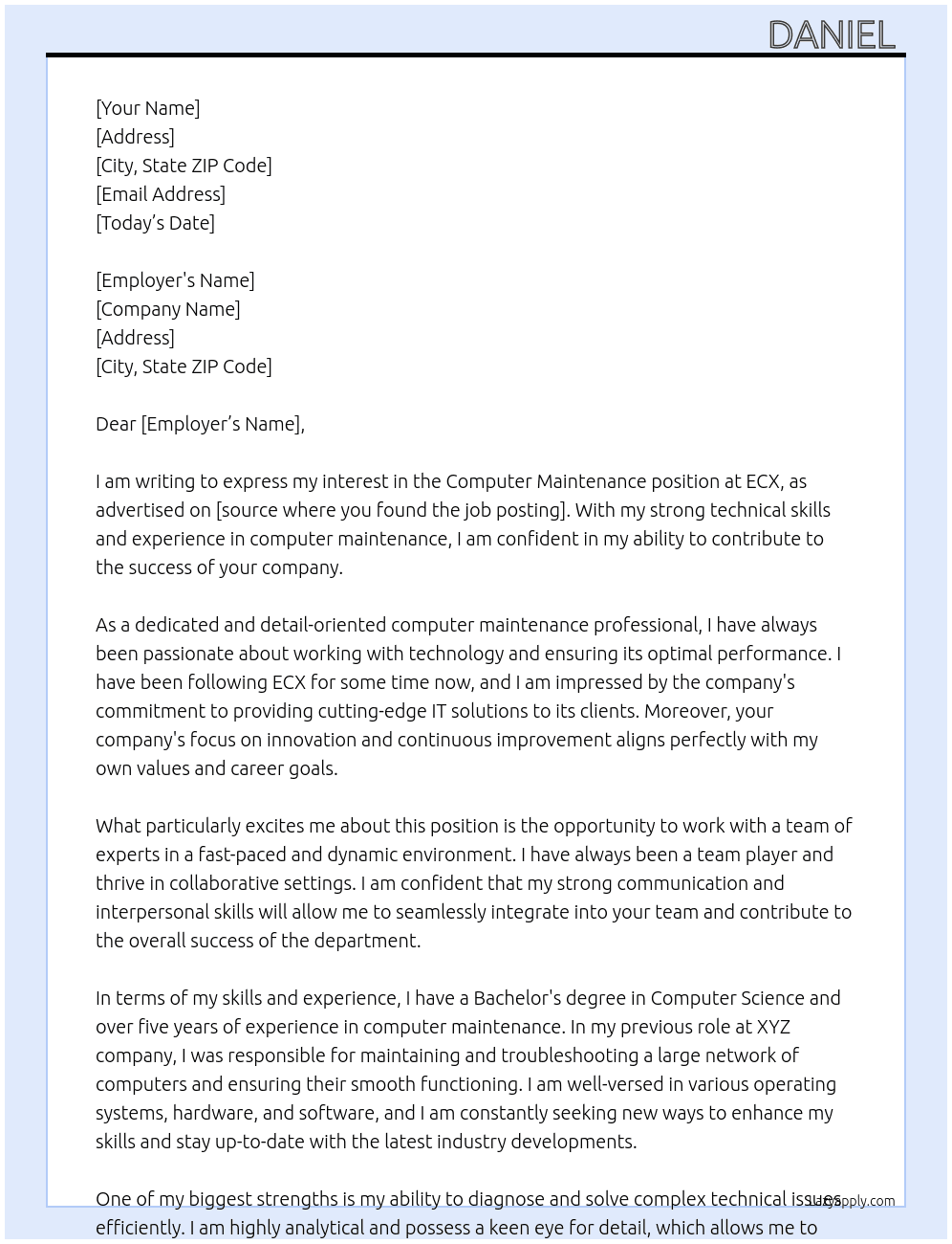 Cover letter for computer maintenance - LazyApply