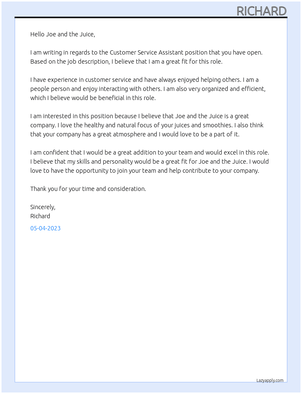 customer service assistant  At joe and the juice Cover Letter
