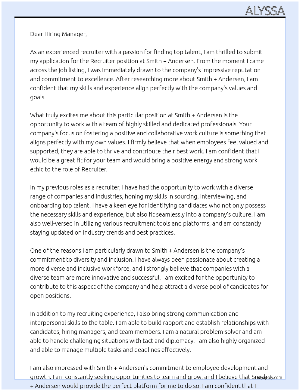 Recruiter  At Smith + Andersen Cover Letter