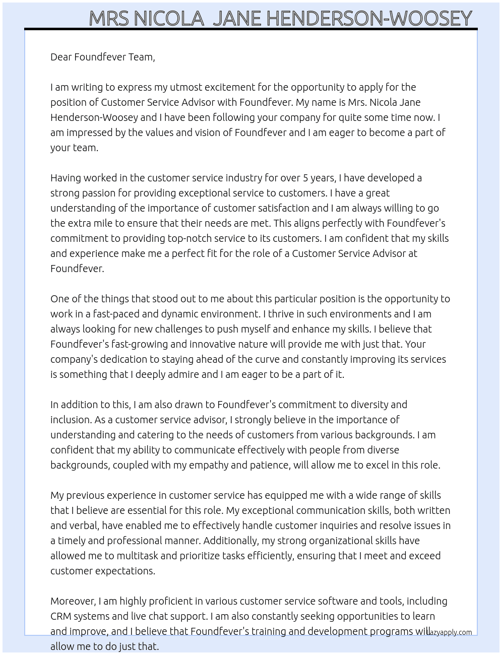 Customer Service advisor  At Foundfever  Cover Letter