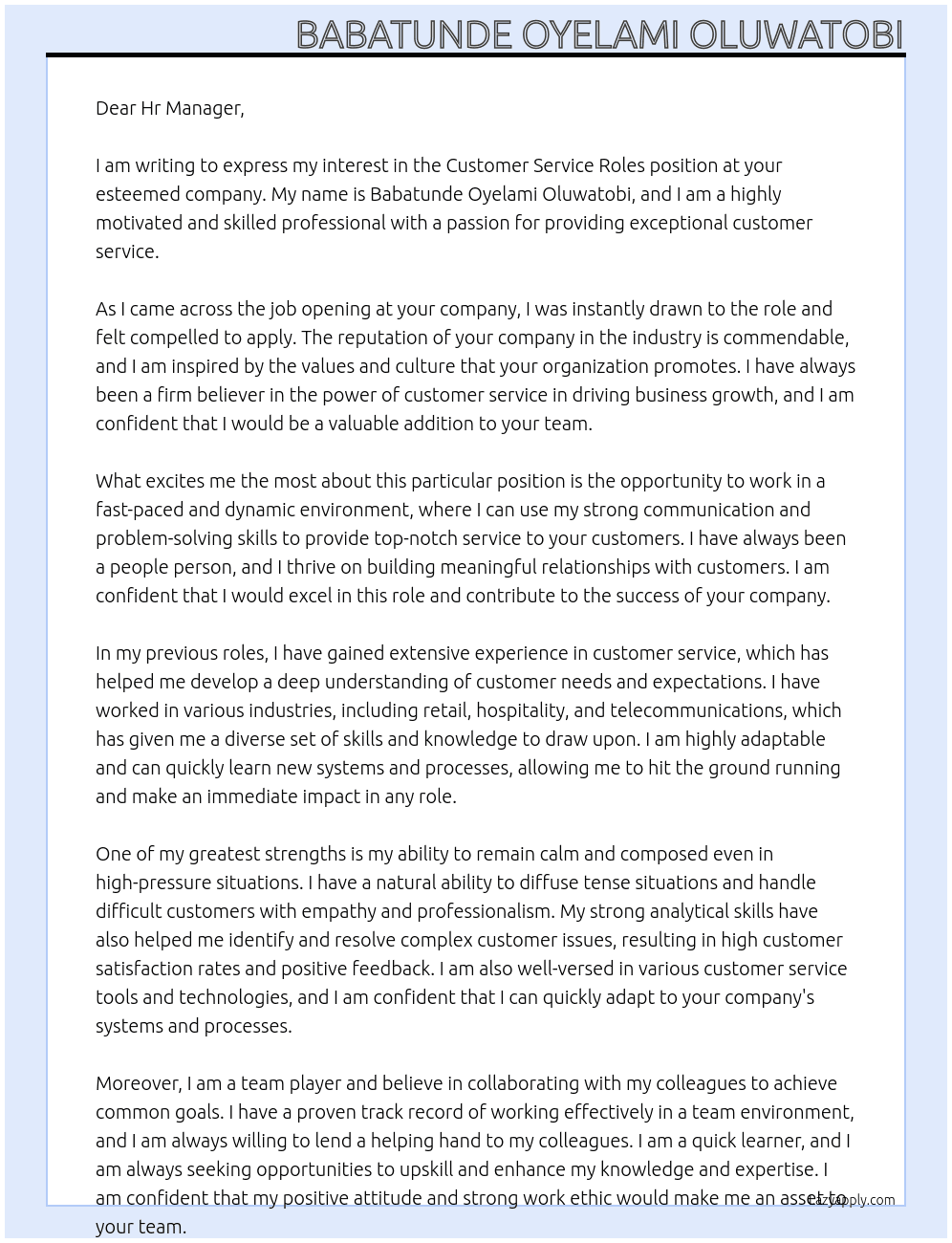 Customer Service Roles At Any company  Cover Letter