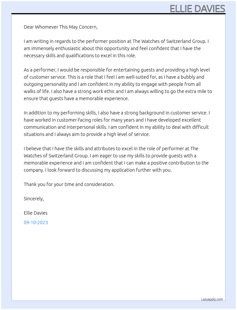 Performer  At The Watches Of Switzerland Group Cover Letter