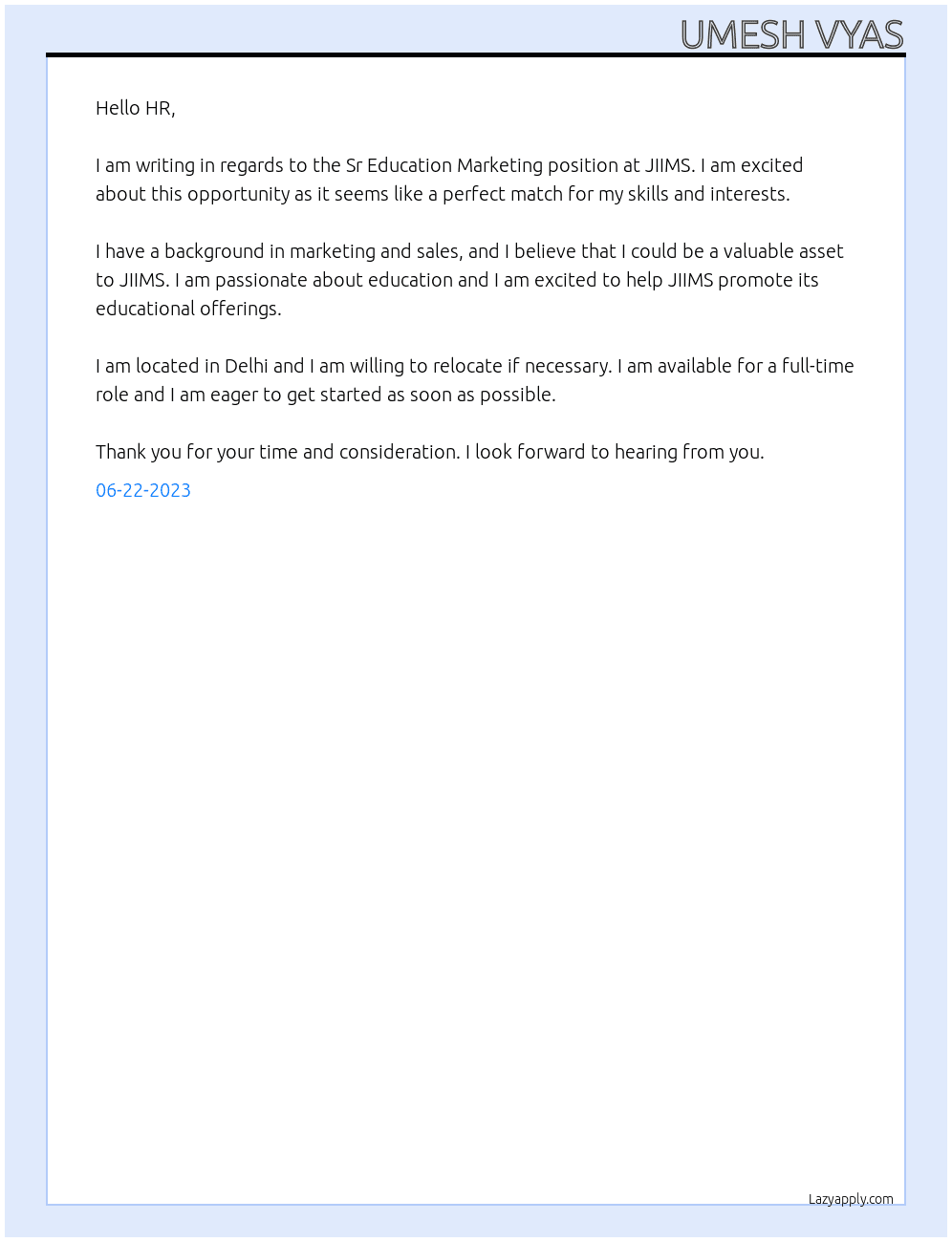 Sr Education Marketing  At JIIMS Cover Letter