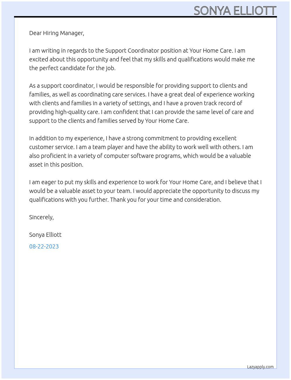 Support Coordinator At Your Home Care Cover Letter