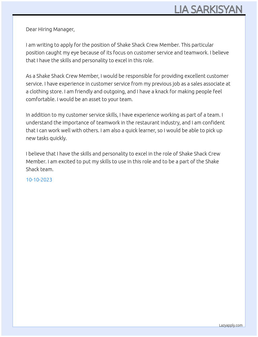 Shake Shack Cre Member  At Shake Shack Cover Letter