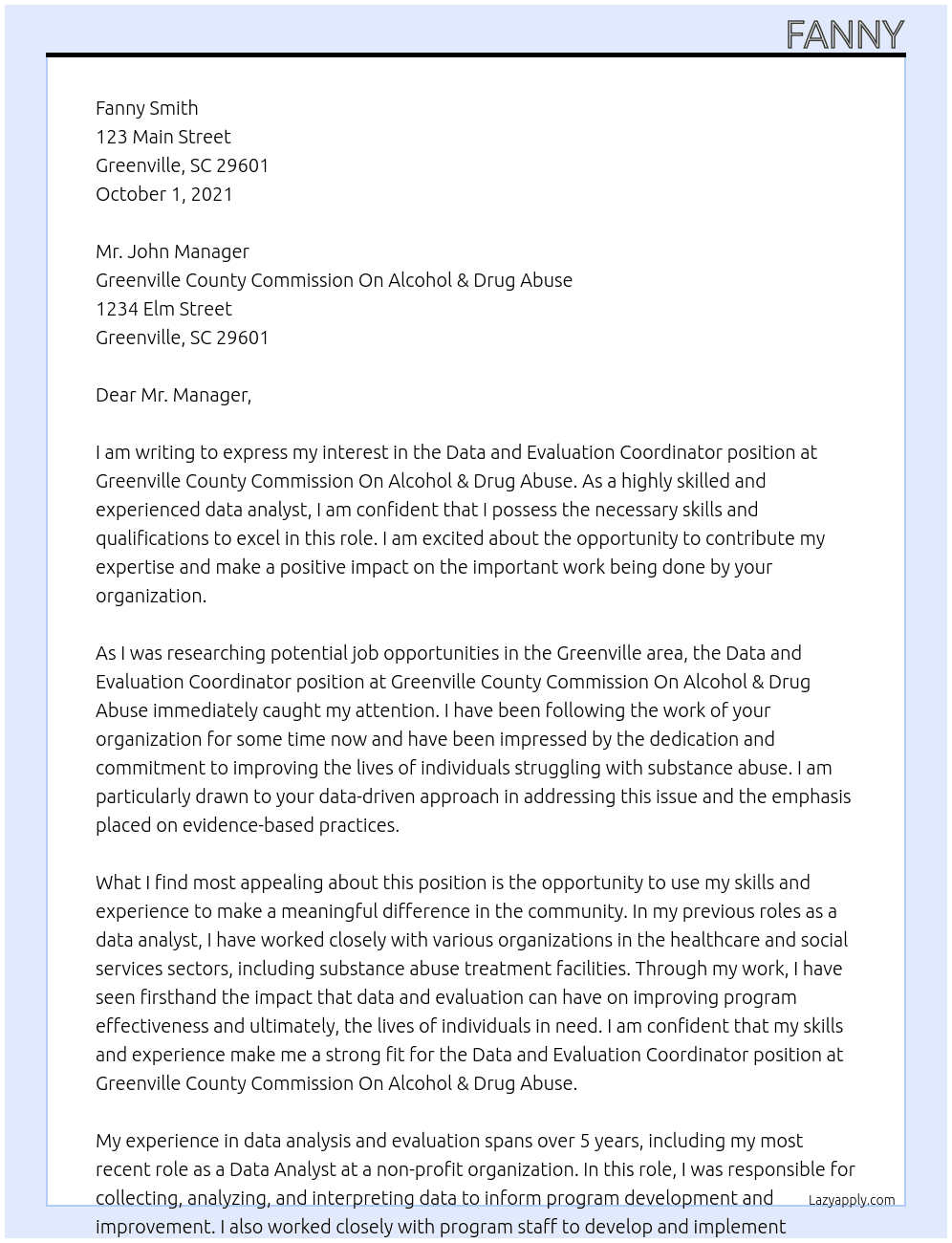 Data and Evaluation Coordinator At Greenville County Commission On Alcohol & Drug Abuse Cover Letter