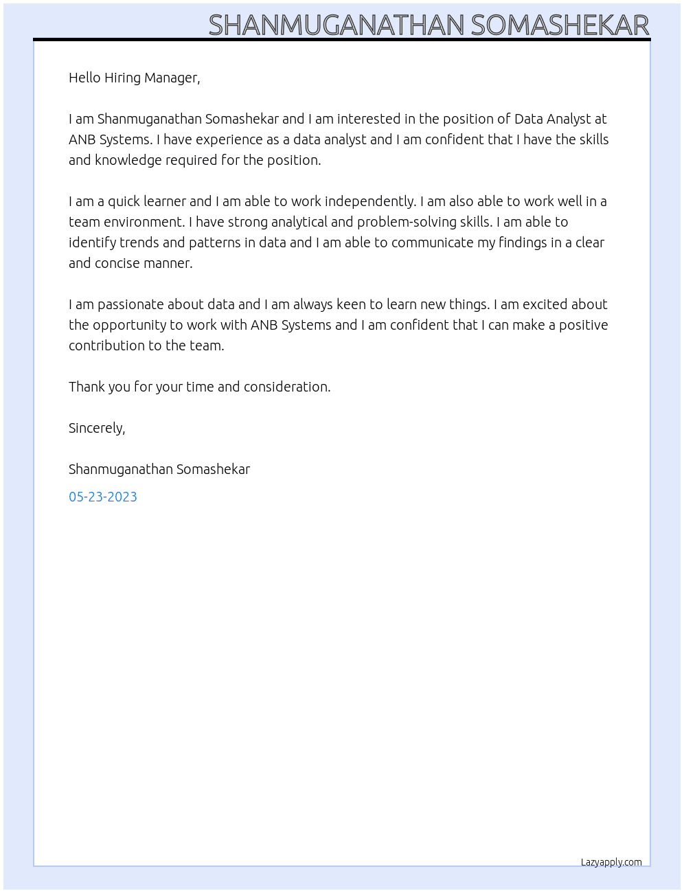 Data Analyst At ANB Systems  Cover Letter