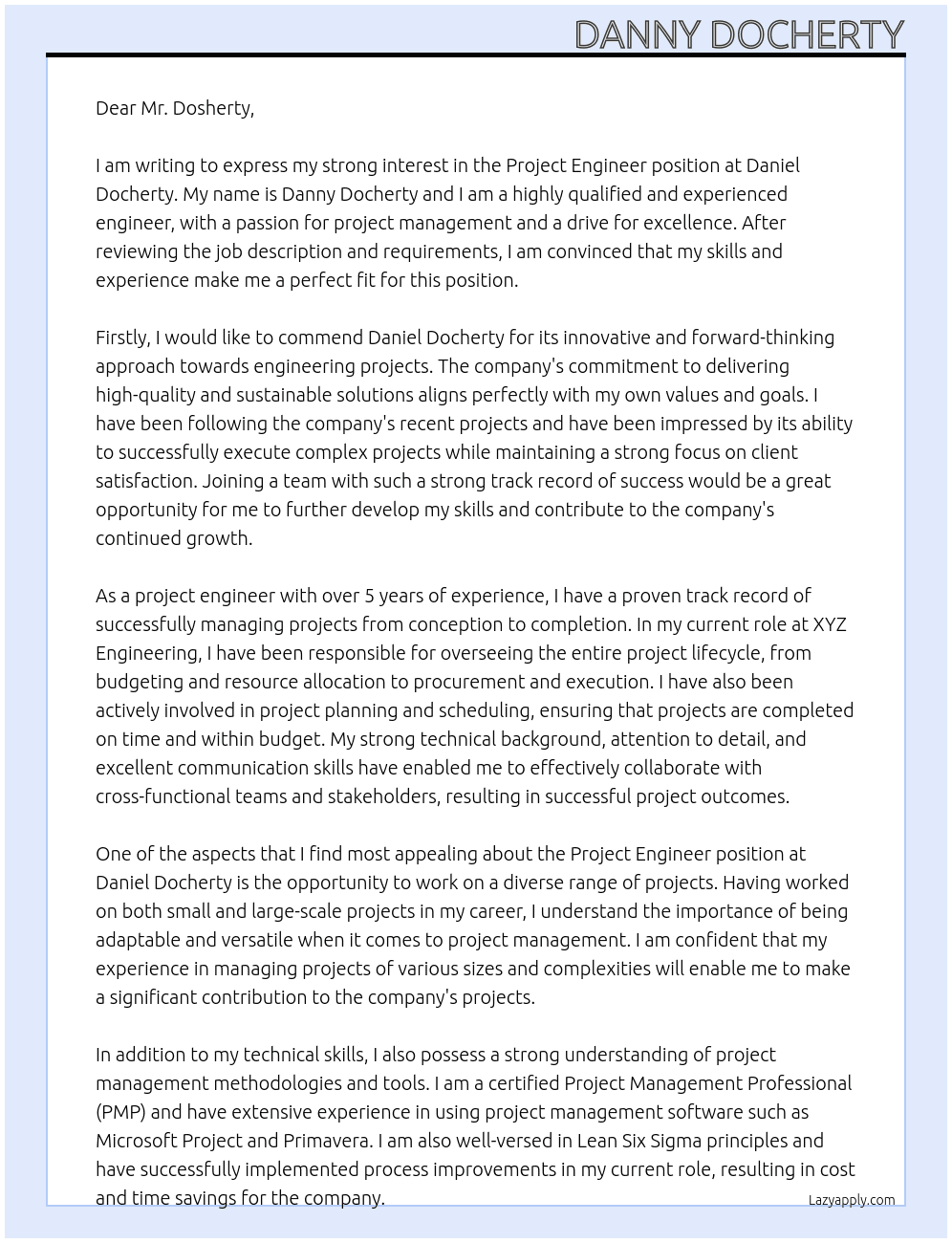 project engineer At daniel docherty Cover Letter