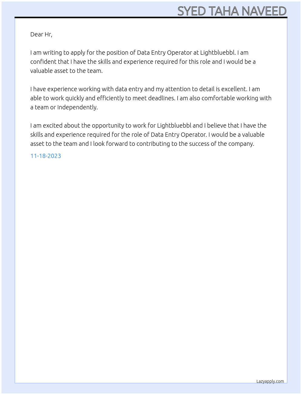 Data Entry Operator  At Lightbluebbl Cover Letter