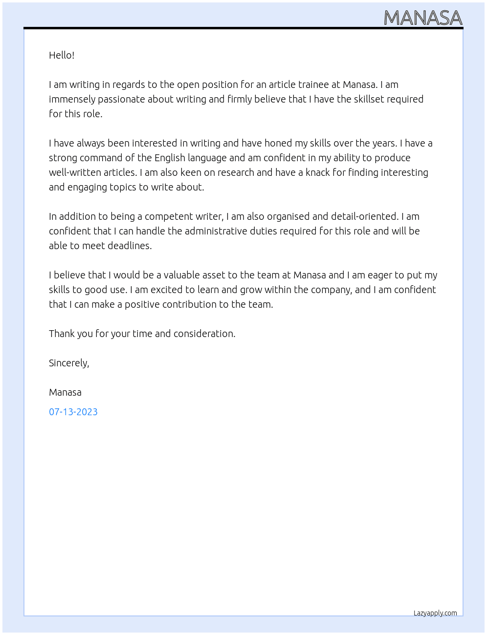 article trainee At manasa Cover Letter
