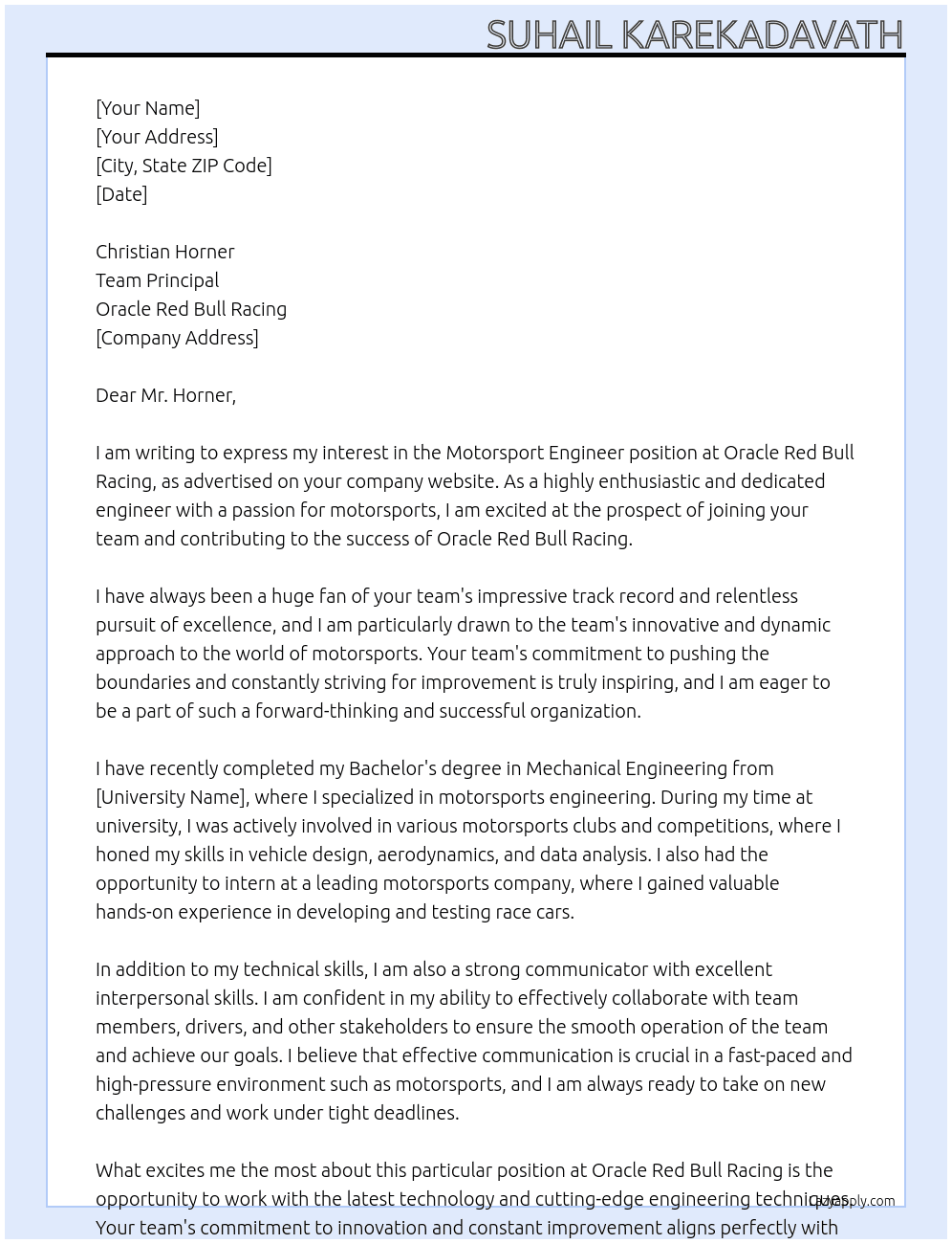 Motorsport engineer At Oracle red bull racing Cover Letter