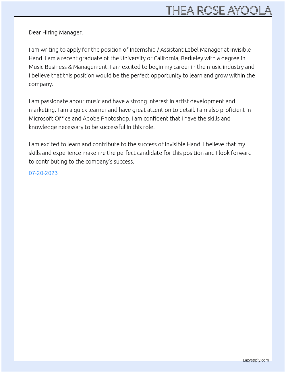 Internship / Assistant Label Manager At Invisible Hand Cover Letter