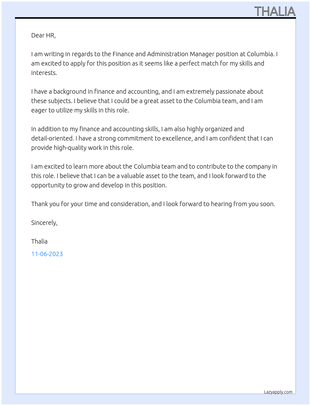  Finance and Administration Manager At Columbia Cover Letter