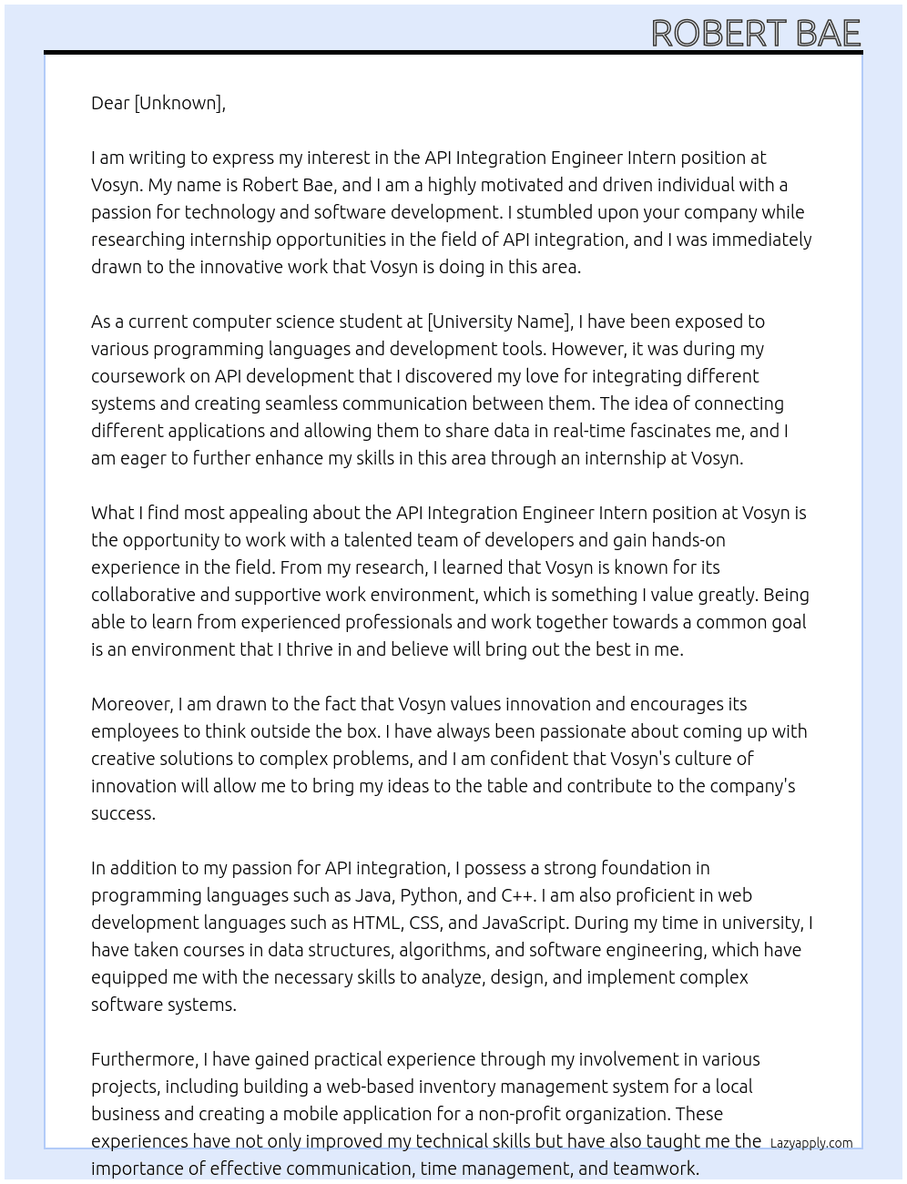 API Integration Engineer Intern At Vosyn Cover Letter