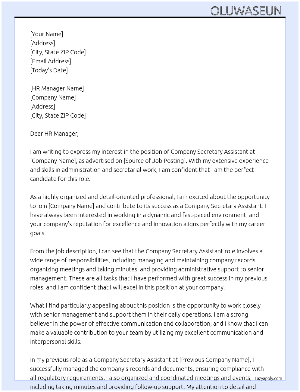 Company Secretary Assistant At Secretary assistant  Cover Letter