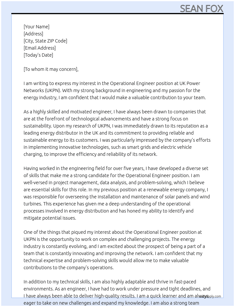 Operational engineer  At UKPN Cover Letter