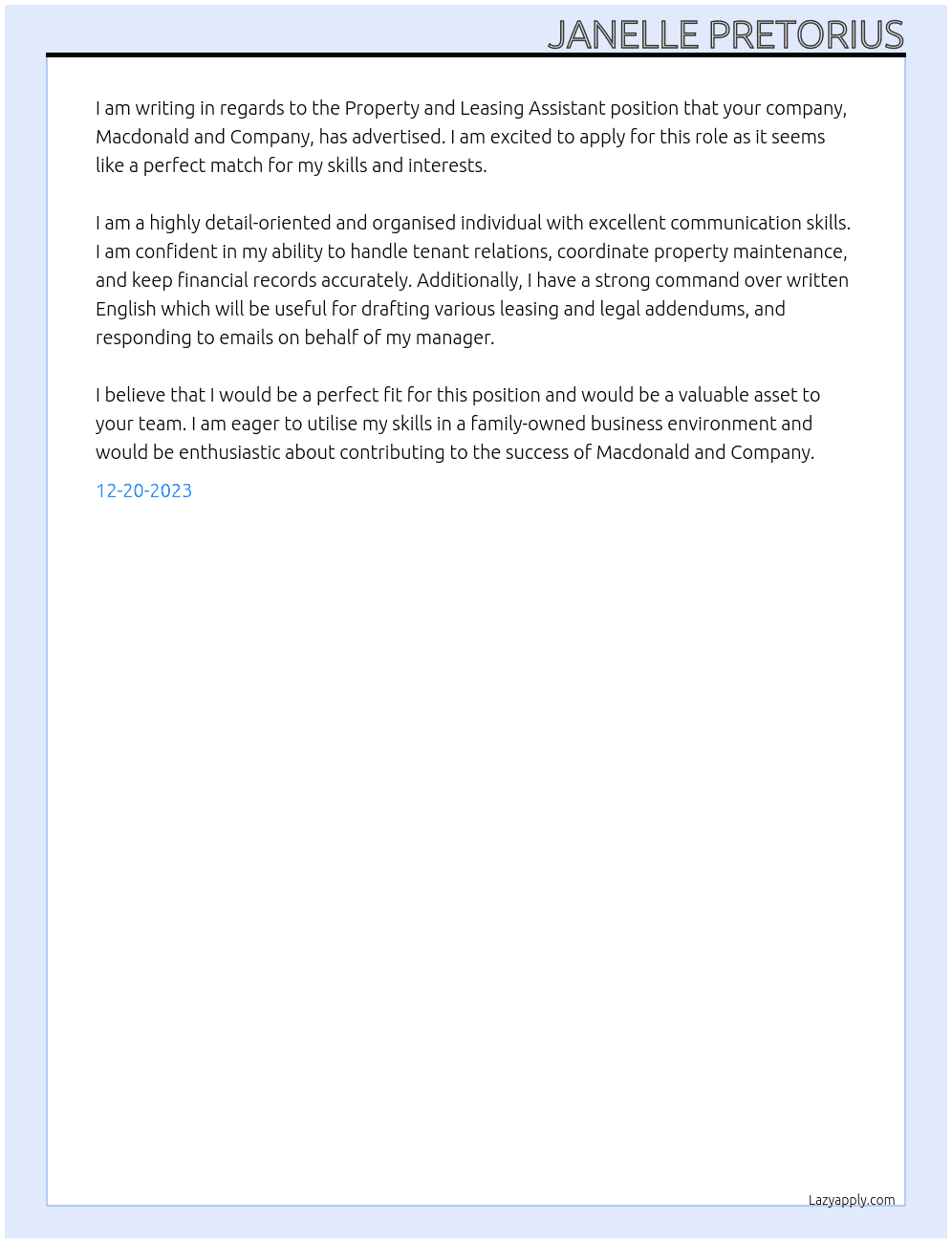 Property and Leasing Assistant  At Macdonald and Company Cover Letter