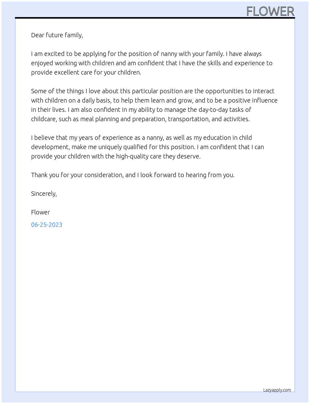 NANNY At Dear future family Cover Letter