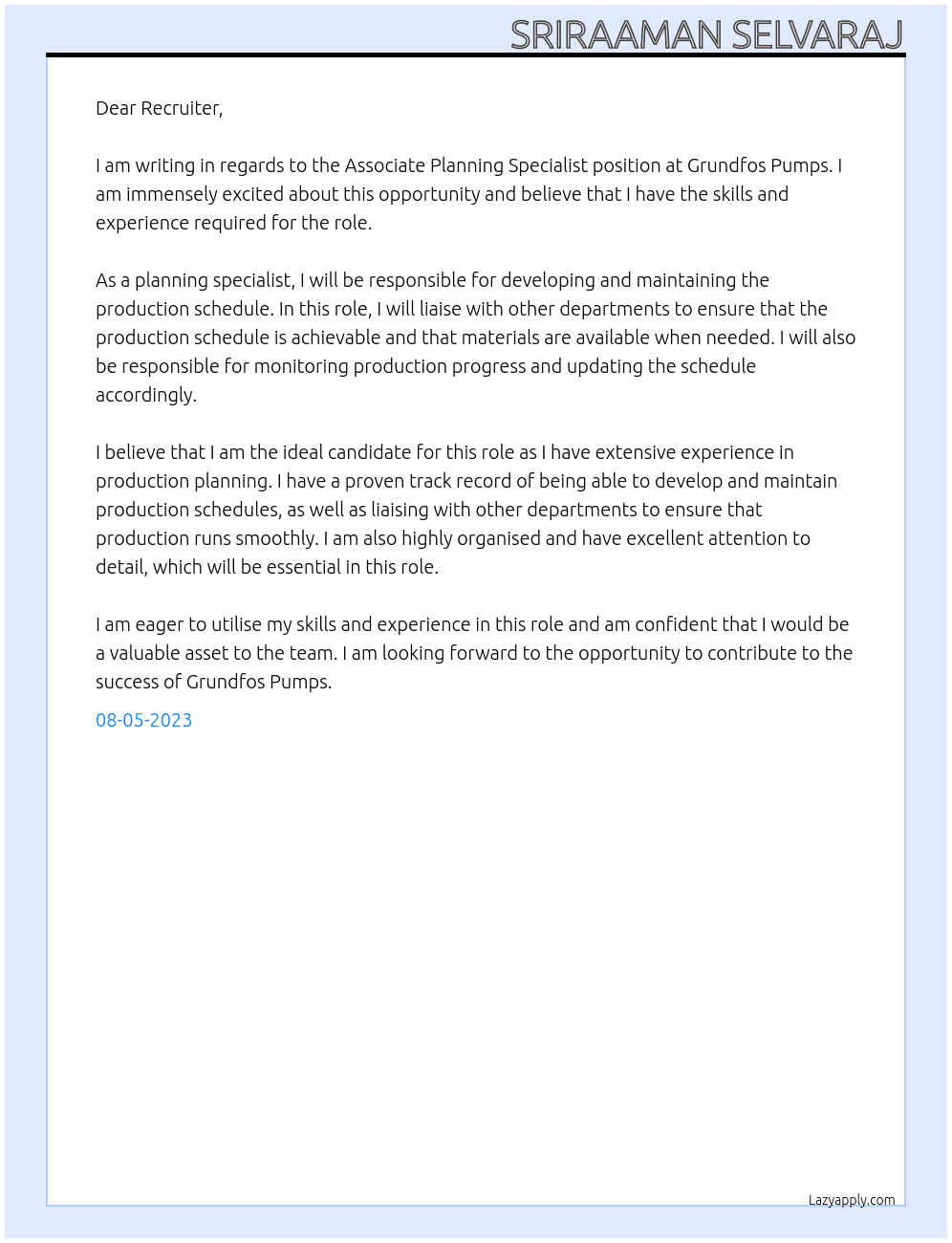 Associate Planning Specialist At Grundfos Pumps Cover Letter