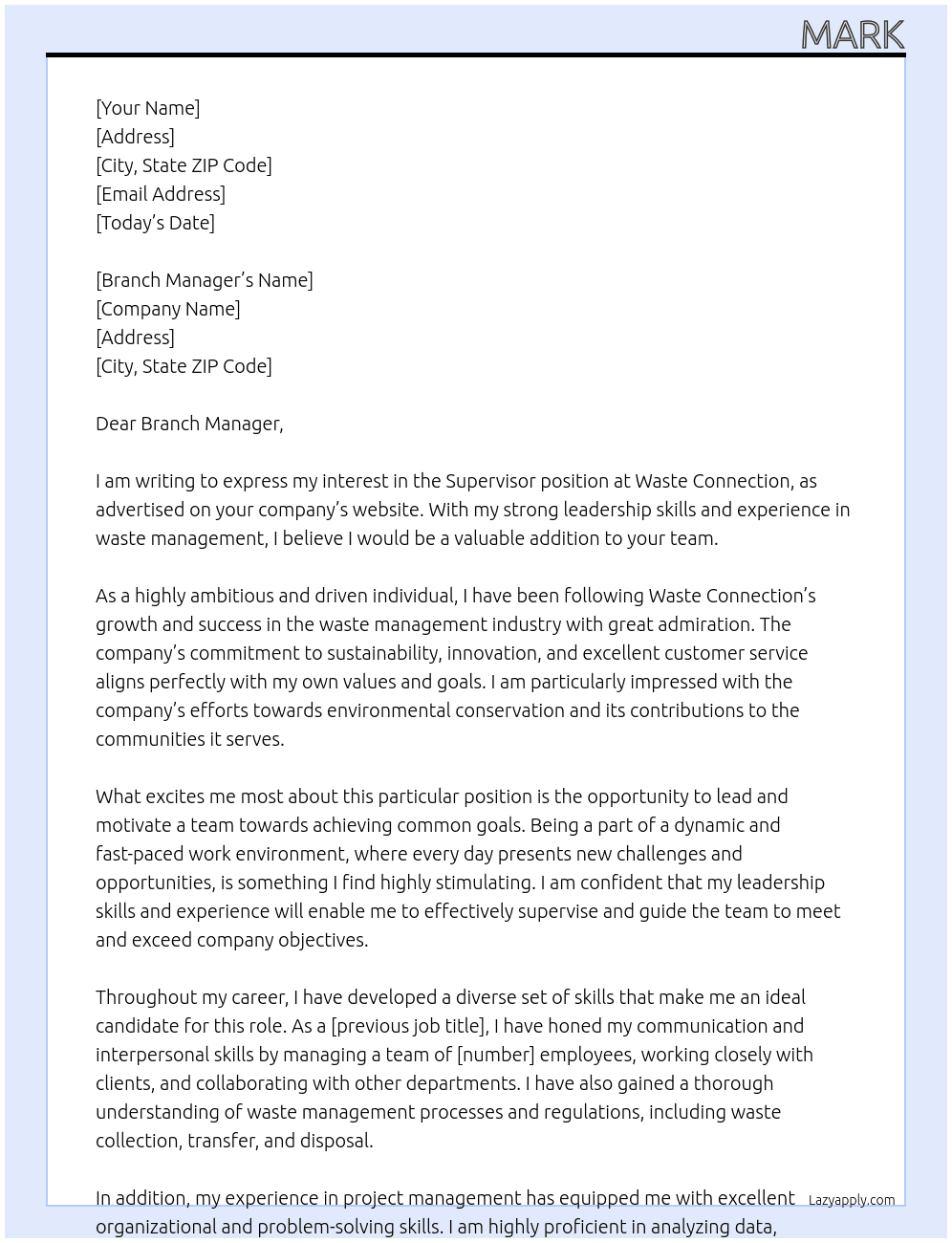 supervisor At Waste Connection Cover Letter