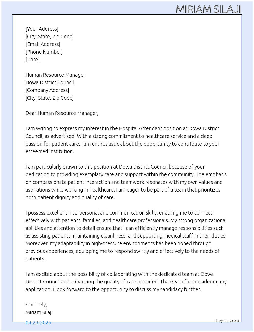 Hospital attendant At Dowa district Council Cover Letter