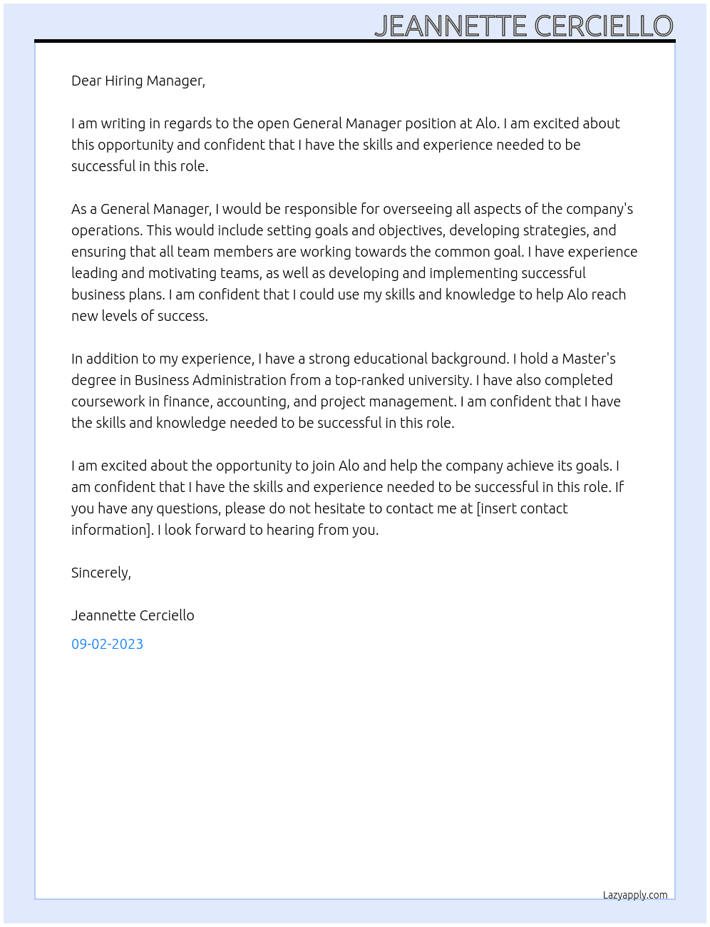 General Manager At Alo Cover Letter
