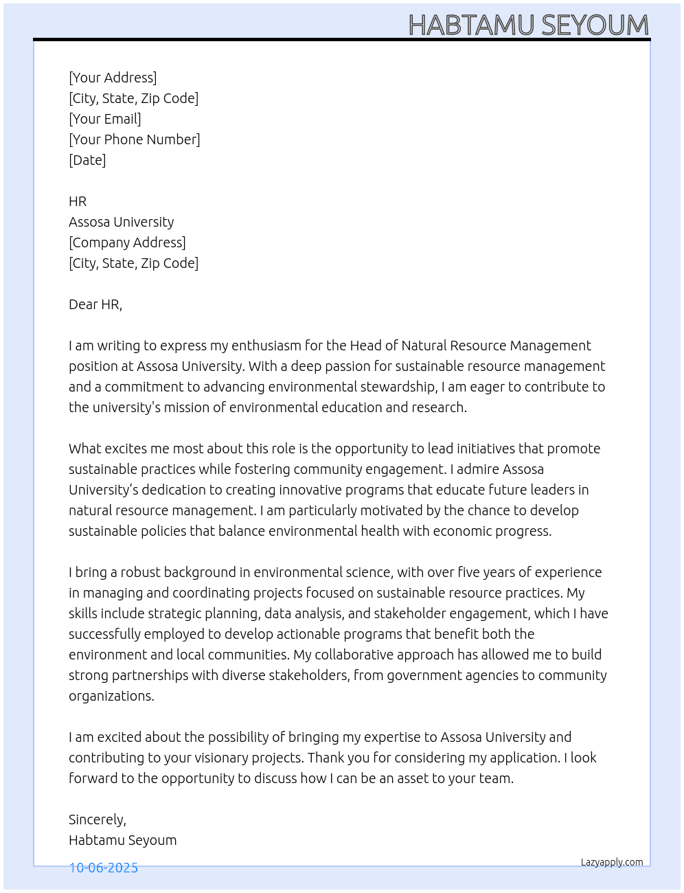 heads of natural resource managment At Assosa University Cover Letter