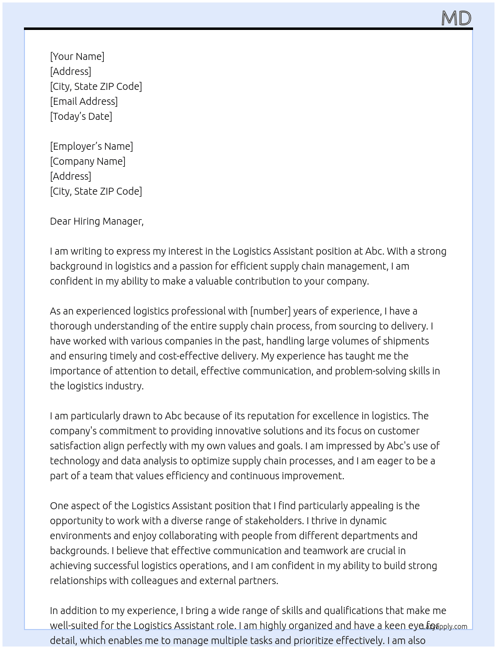 Logistics Assistant  At Abc Cover Letter