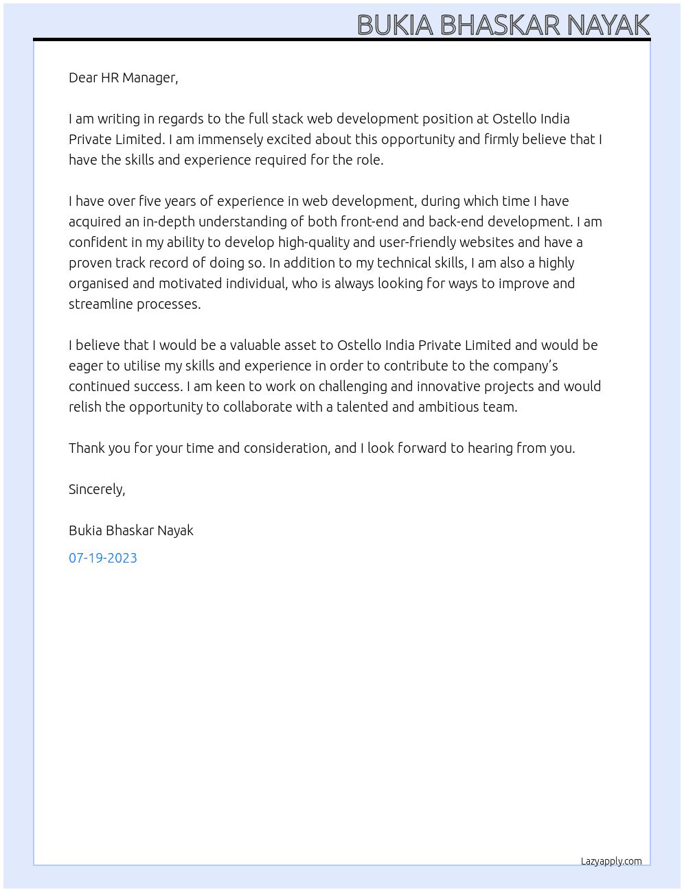 full stack web development At Ostello India Private Limited Cover Letter
