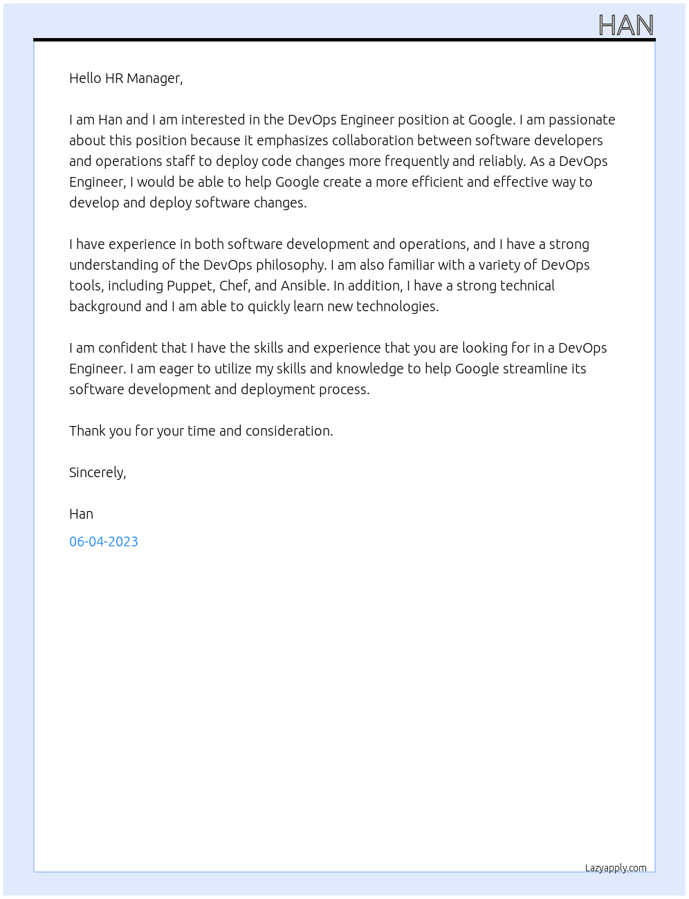 DevOps Enginner At Google Cover Letter