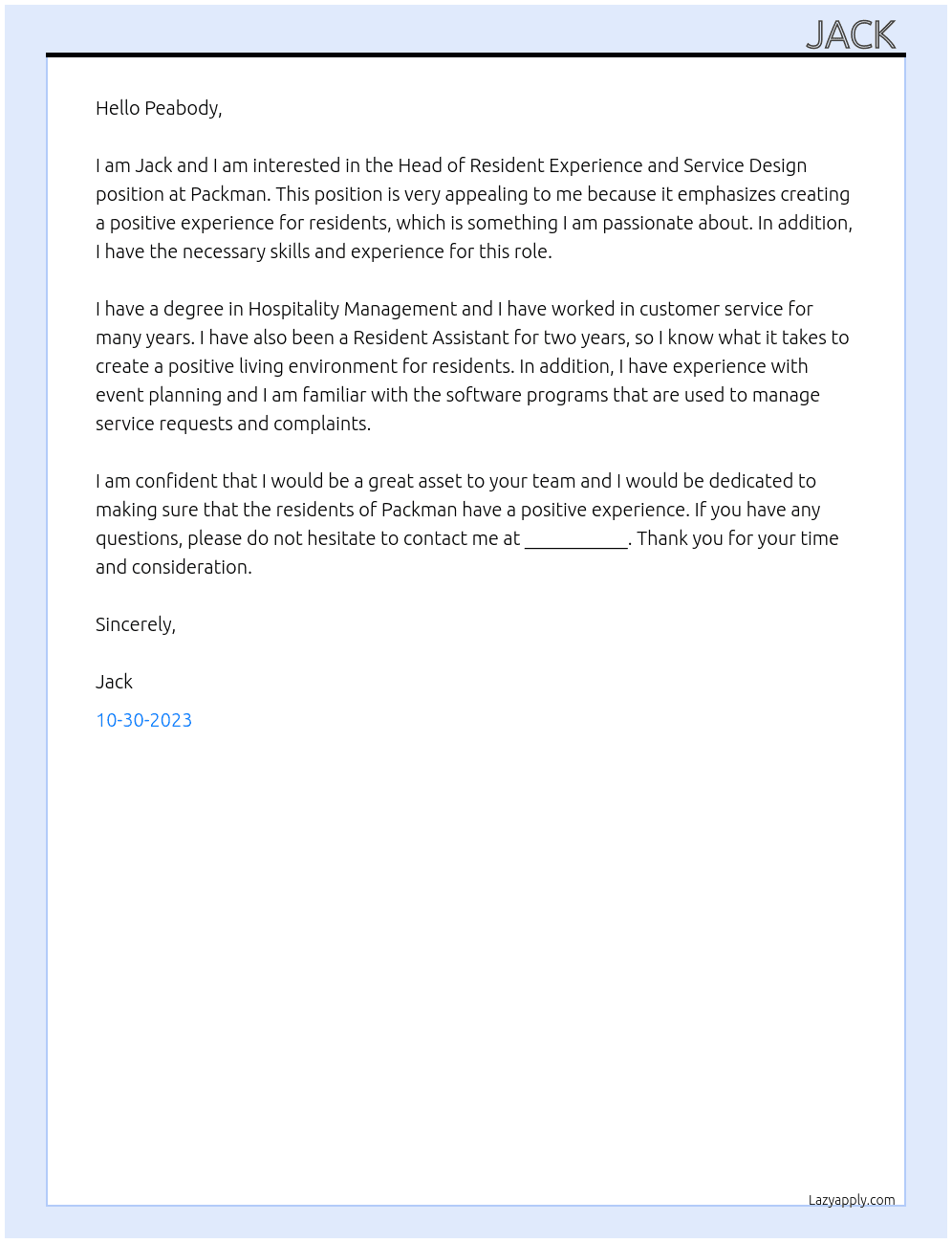 Head of Resident Experience and Service Design At Packman Cover Letter