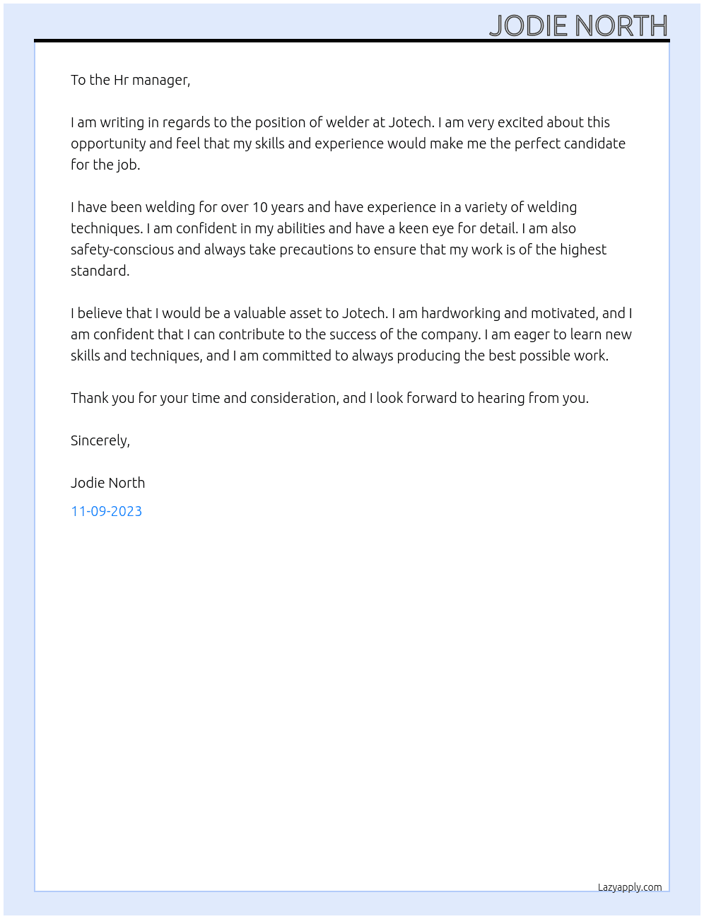Welder At jotech Cover Letter