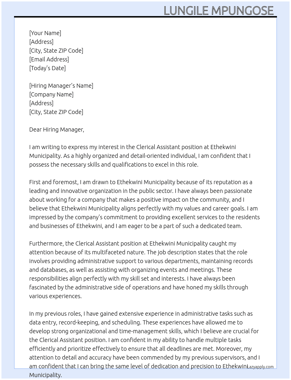 Clerical Assistant  At Ethekwini Municipality  Cover Letter