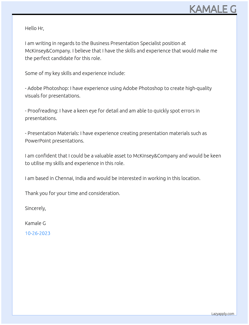 Business presentaion specialist  At McKinsey&Company Cover Letter
