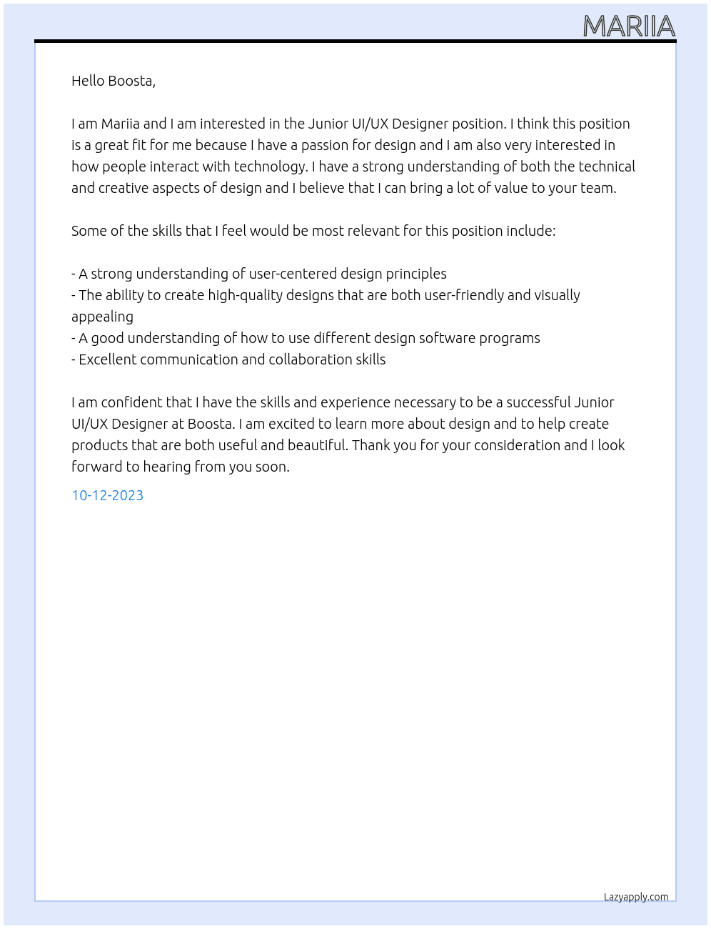 Junior UI/UX Designer At Boosta Cover Letter