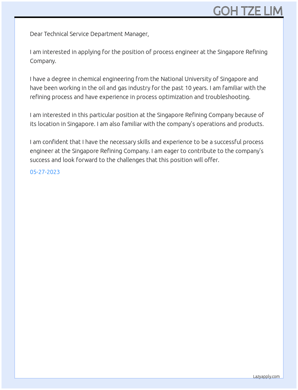 Process engineer  At Singapore Refining Company  Cover Letter