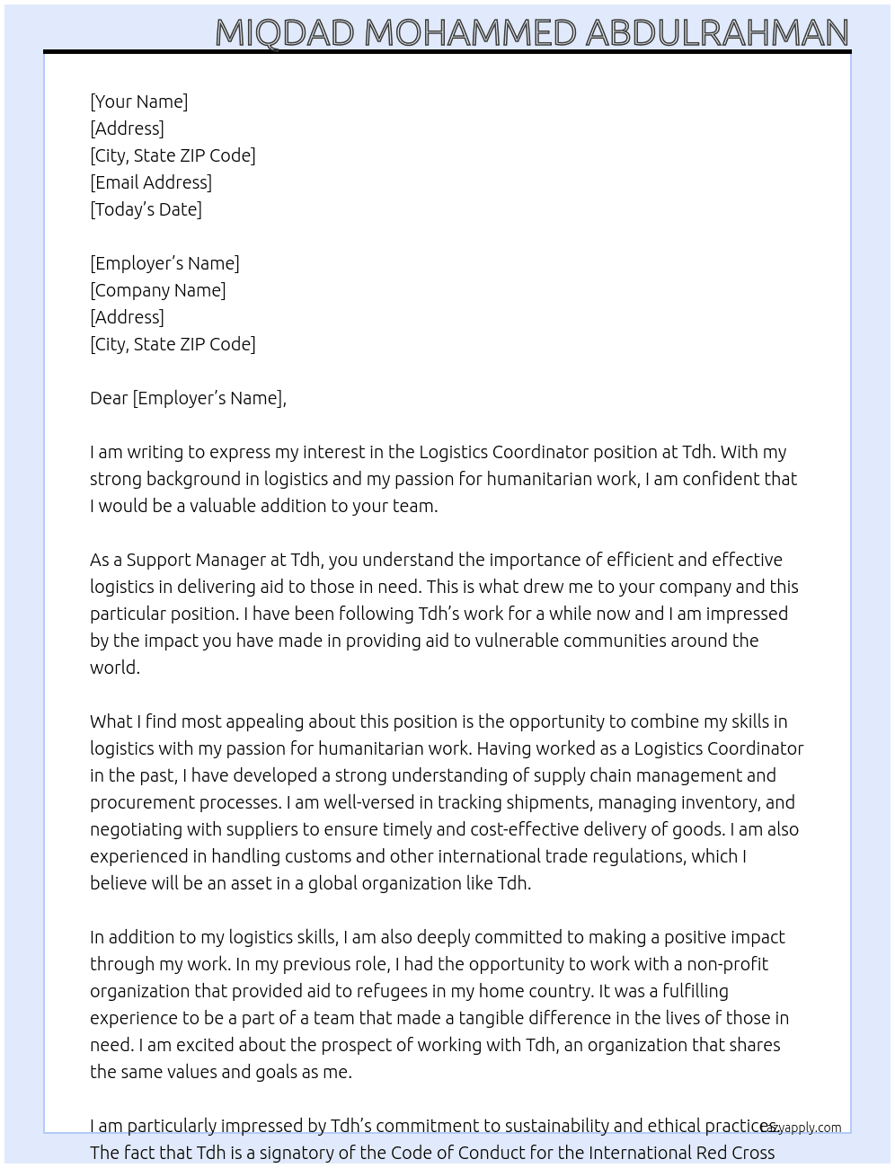 Logistics Coordinator At Tdh Cover Letter